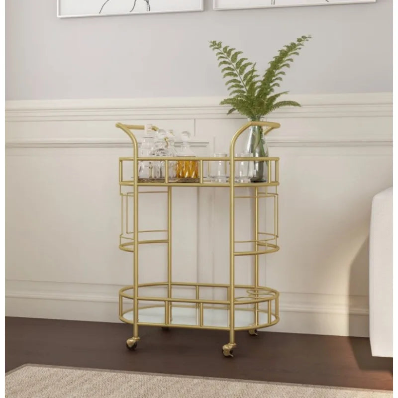 Bar Cart with Matte Gold Metal Finish, 2-Tiers Trolley Cart Rolling Cart Kitchen Island Table Meuble De Rangement Cuisine