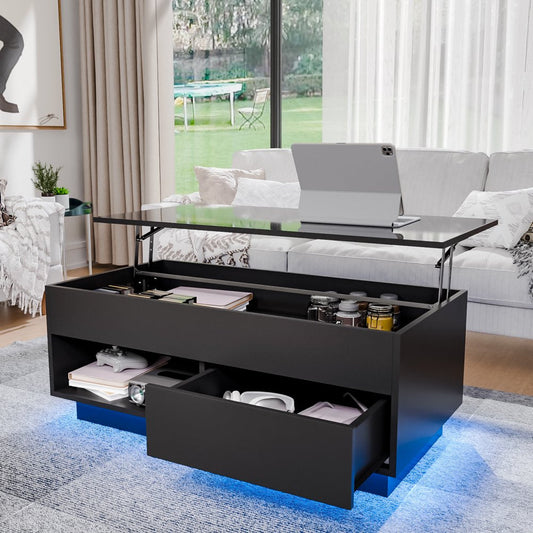 Lift Top Coffee Table with LED 39.4" Modern Rectangle Sofa Side Cocktail Tables Rising Lift up with Hidden Storage Drawer for Living Room