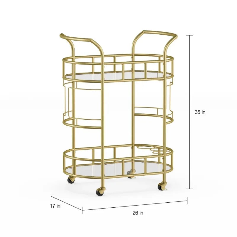 Bar Cart with Matte Gold Metal Finish, 2-Tiers Trolley Cart Rolling Cart Kitchen Island Table Meuble De Rangement Cuisine