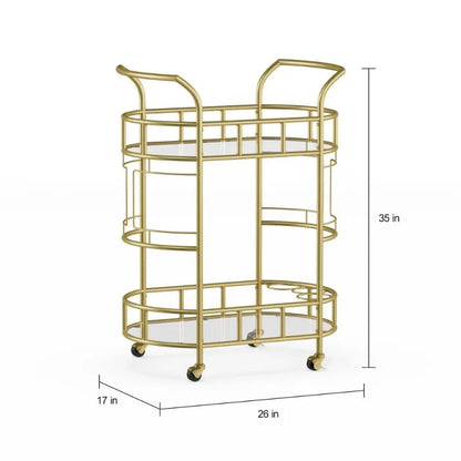 Bar Cart with Matte Gold Metal Finish, 2-Tiers Trolley Cart Rolling Cart Kitchen Island Table Meuble De Rangement Cuisine