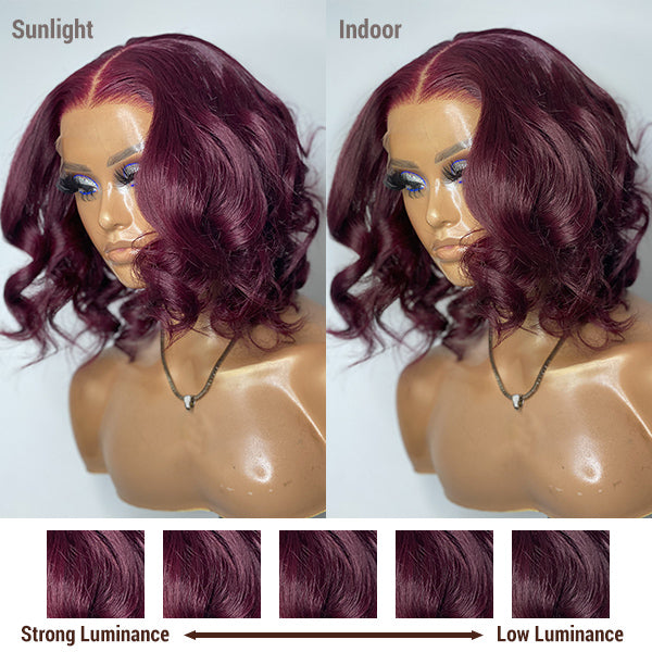 VIP Discount | Dark Plum Loose Wave Minimalist HD Lace Glueless Mid Part Short Wig 100% Human Hair