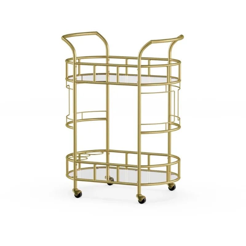 Bar Cart with Matte Gold Metal Finish, 2-Tiers Trolley Cart Rolling Cart Kitchen Island Table Meuble De Rangement Cuisine