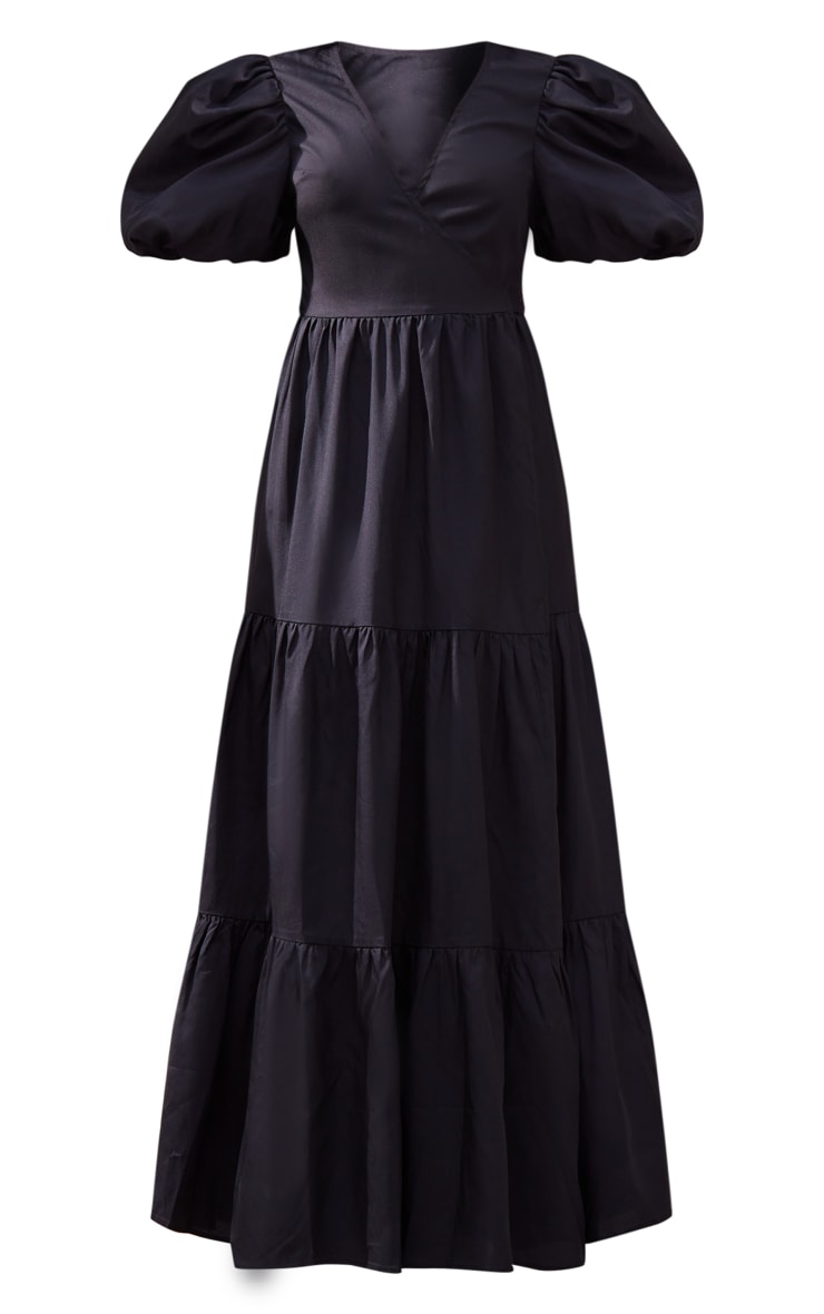 Black Woven Puff Sleeve Wrap Midaxi Dress