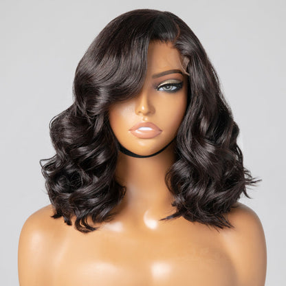 Points Rewards | Elegant Natural Black Wavy Minimalist HD Lace Glueless C Part Short Wig 100% Human Hair