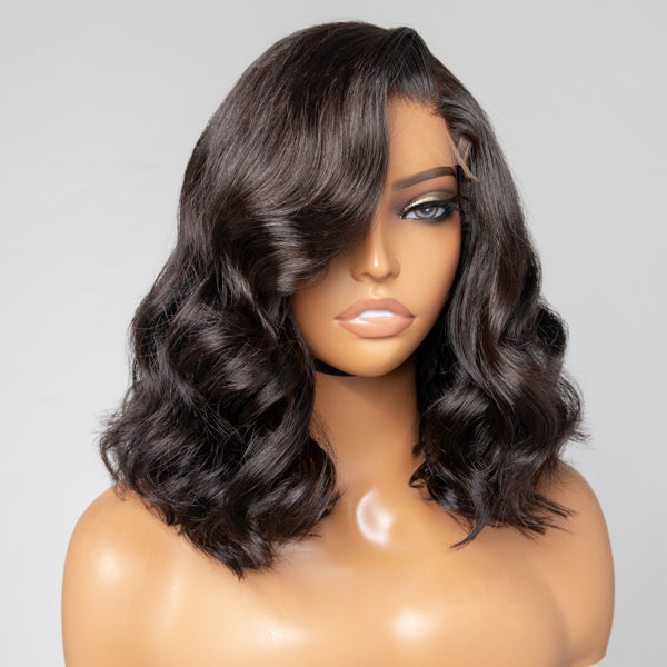 Points Rewards | Elegant Natural Black Wavy Minimalist HD Lace Glueless C Part Short Wig 100% Human Hair