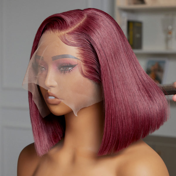 Points Rewards | Reddish Purple Side Part Glueless Wide T Lace Bob Wig 100% Human Hair