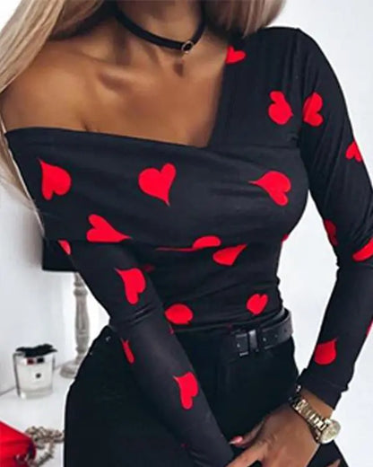 Heart Print Asymmetrical Neck Top