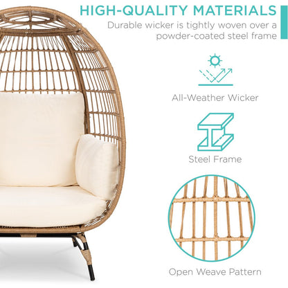 Wicker Egg Chair Oversized Indoor Outdoor Patio Lounger W/ Steel Frame, 440Lb Capacity - Ivory