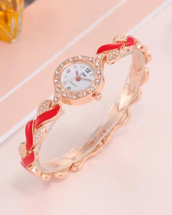 4PCS Colorblock Rhinestone Pendant Necklace & Drop Earrings & Ring & Heart Pattern Wrist Watch Jewellery Set