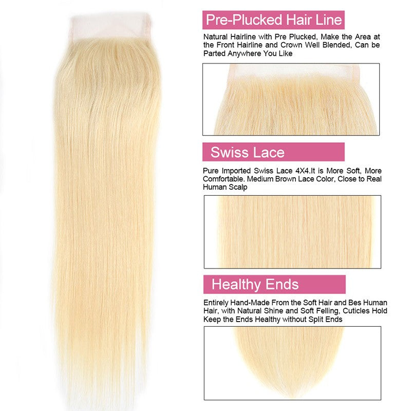 613 Blonde Straight Human Hair Weave 3 Bundles With Lace Closure - Healthier Me Beauty, LLC