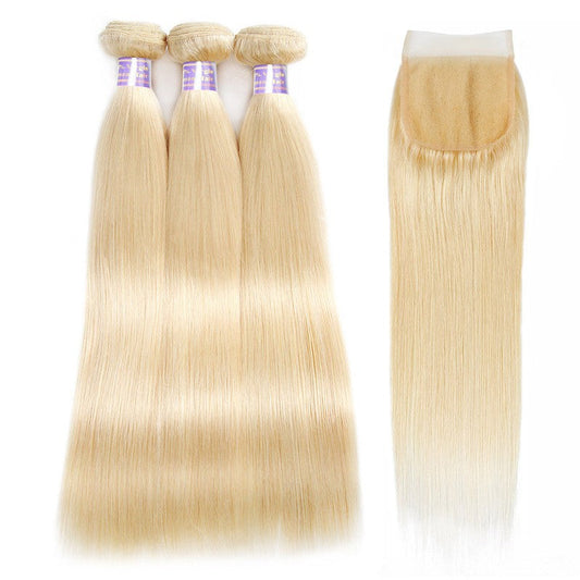 613 Blonde Straight Human Hair Weave 3 Bundles With Lace Closure - Healthier Me Beauty, LLC