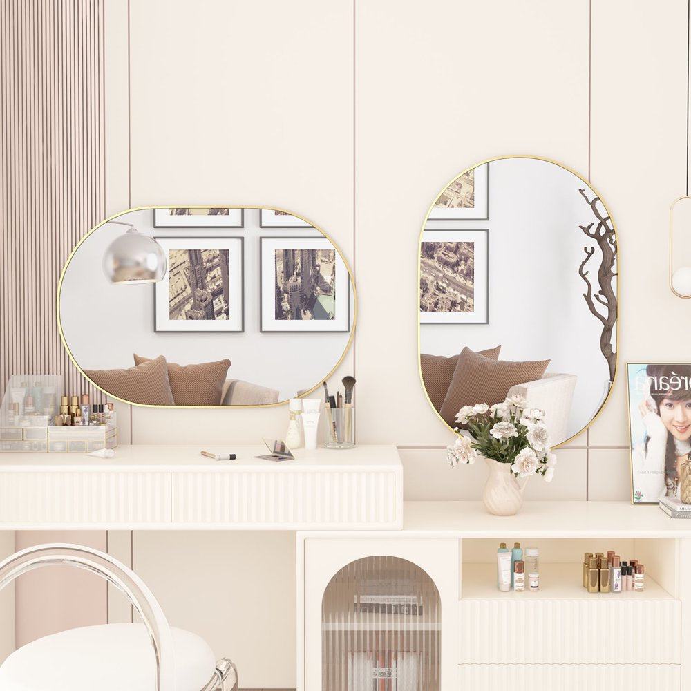 2 Pieces Oval Mirror, 20"×30" Oval Bathroom Mirror, Metal Frame Mirror, Unique Wall Mounted Mirror, Gold Vanity Mirror for Living Room, Bathroom