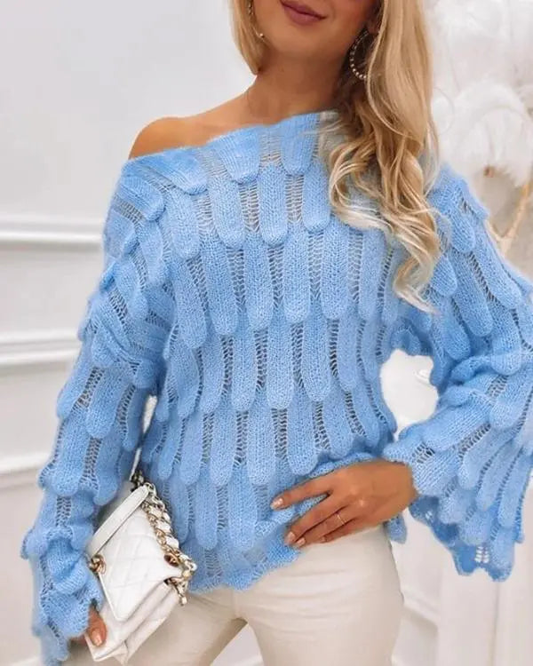 Boat Neck Bell Sleeve Knit Sweater