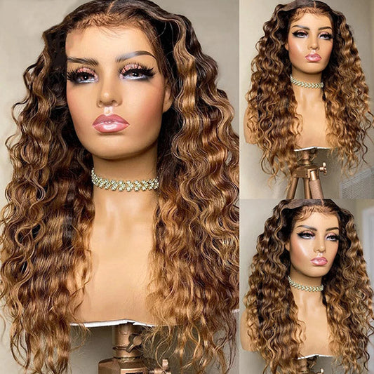 T Part Lace Wig Honey Blonde Highlighted Wig Loose Deep Wave Hair 150% Density Wig - Healthier Me Beauty, LLC