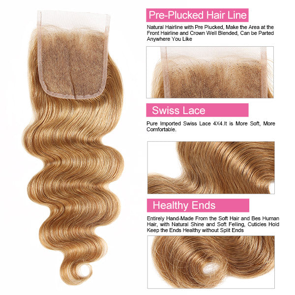Honey Blonde Body Wave Bundles With Closure #27 Color Human Hair - Healthier Me Beauty, LLC