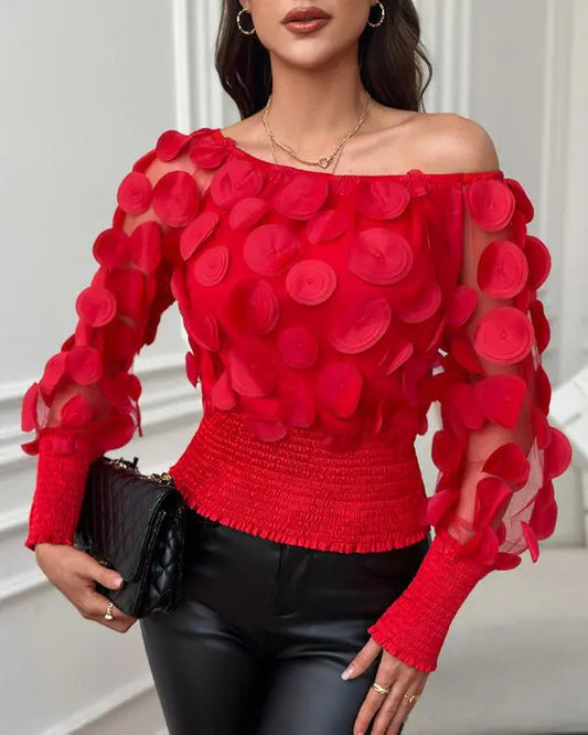 Floral Pattern Shirred Sheer Mesh Patch Top