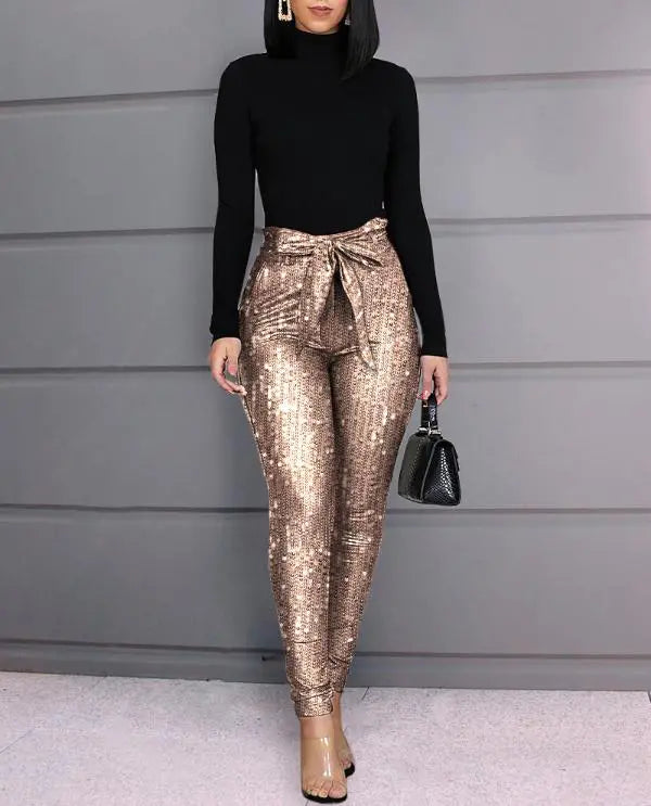 High Waist Tied Detail Sequins Skinny Pants