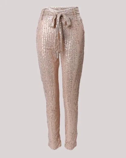 High Waist Tied Detail Sequins Skinny Pants