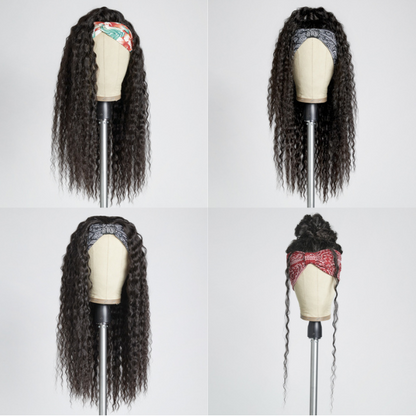 Points Rewards | Boho-Chic | Throw On & Go Flowy Bohemian Curly Headband Long Wig 100% Human Hair (Get Free Trendy Headband)