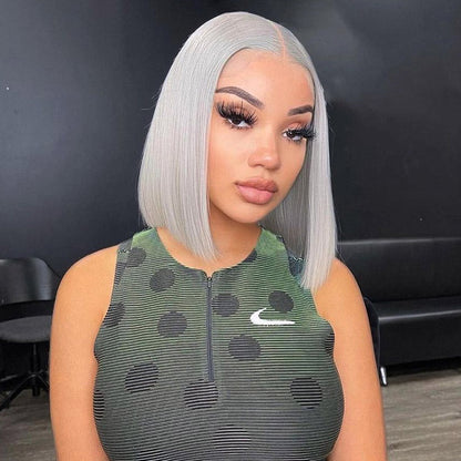 Grey Silver Bob Wigs Straight Human Hair Wig 13x4 HD Lace Frontal Bob Wigs