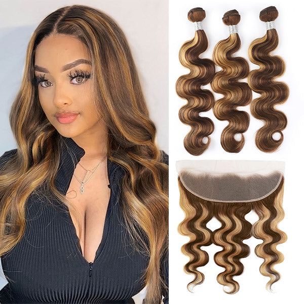 Honey Blonde Highlight Bundles with HD Lace Frontal Malaysian Body Wave Human Hair - Healthier Me Beauty, LLC