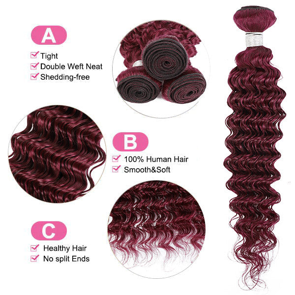 99J Deep Wave 3 Bundles With Closure Virgin Burgundy Human Hair Bundles With Closure - Healthier Me Beauty, LLC