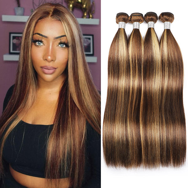 Highlight Hair Bundles Virgin Straight Human Hair 4 Bundles Ombre Honey Blonde P4/27 Color - Healthier Me Beauty, LLC