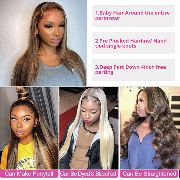 Straight Hair 13x4 Lace Front Human Hair Wigs Balayage Wigs Highlight HD Lace Frontal Wigs - Healthier Me Beauty, LLC