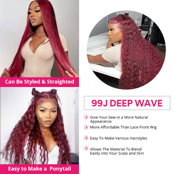 99J Deep Wave 3 Bundles With Closure Virgin Burgundy Human Hair Bundles With Closure - Healthier Me Beauty, LLC