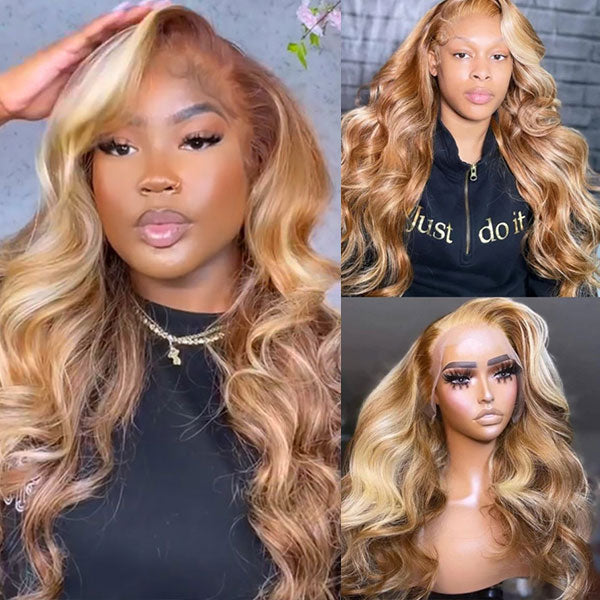 P4/613 Body Wave Wig Brown With Blonde Highlight 13x4 HD Lace Front Wigs - Healthier Me Beauty, LLC