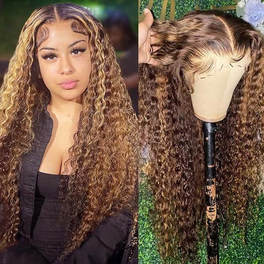 Honey Blonde Highlights Wig Curly Hair 4x4 Lace Closure Wigs 180% Density HD Transparent Lace Wig - Healthier Me Beauty, LLC