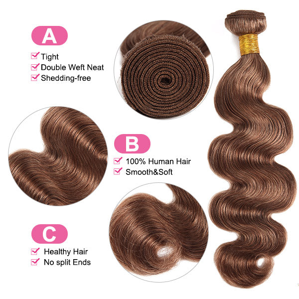 Brown Body Wave Bundles with Closure #4 Chocolate Brown 3 Bundles with 4x4 Lace Closure - Healthier Me Beauty, LLC