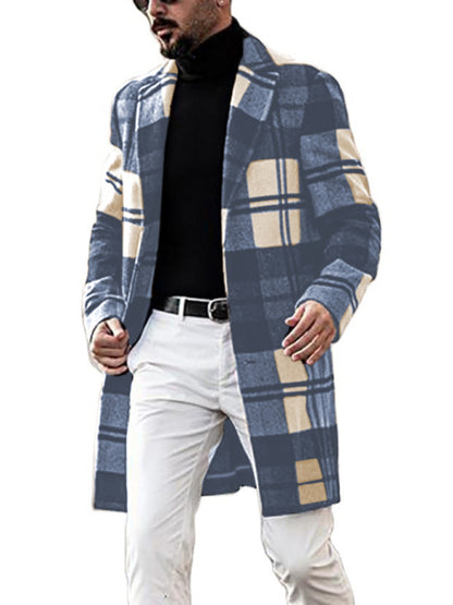 Men's Casual Fashion Plaid Coat Mid Length Coat Coat