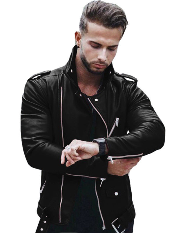 European And American Men's Turtleneck Leather Jacket Plus Size Slim Motorcycle Leather Jacket