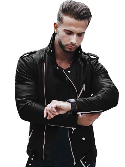 European And American Men's Turtleneck Leather Jacket Plus Size Slim Motorcycle Leather Jacket