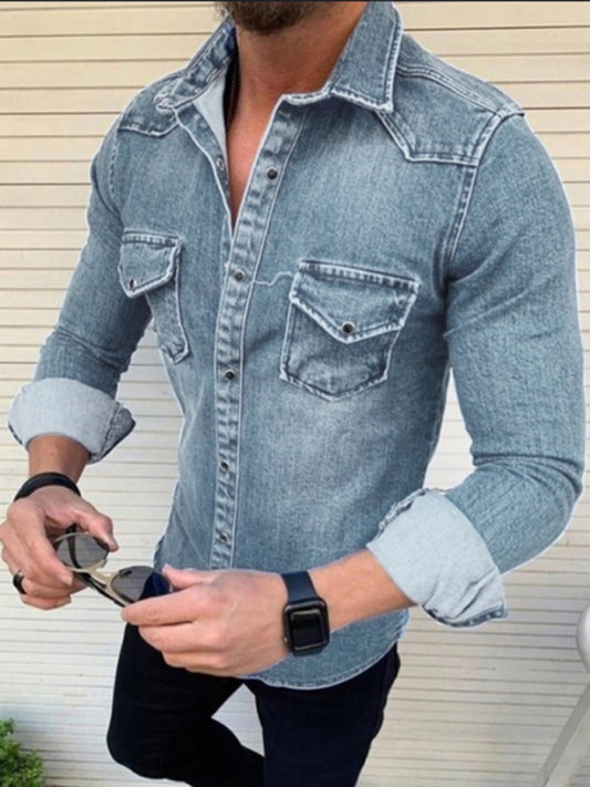 Men's solid slim fit long sleeve denim shirt