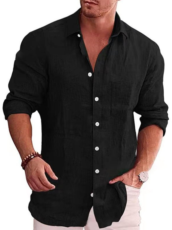 Men's solid color shirt linen lapel long sleeve casual shirt