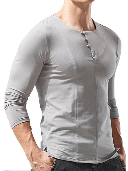Men's Knitted Round Neck Button Long Sleeve T-Shirt