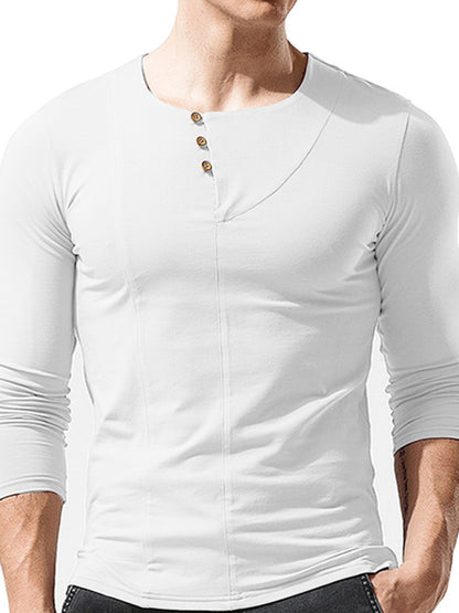 Men's Knitted Round Neck Button Long Sleeve T-Shirt