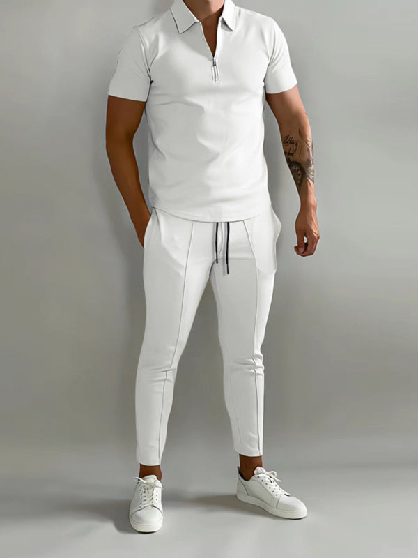 Men's solid color lapel short-sleeved POLO shirt + trousers two-piece suit