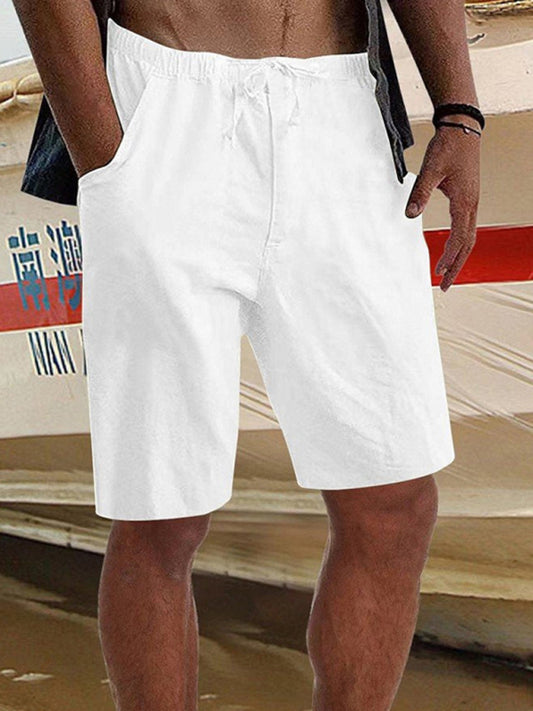 New youth men's solid color cotton linen shorts loose outdoor casual pants