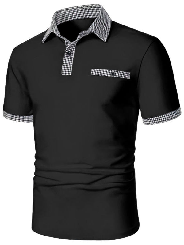 Men's Polo Shirt Houndstooth Short Sleeve Lapel T-Shirt Casual Fit Tops