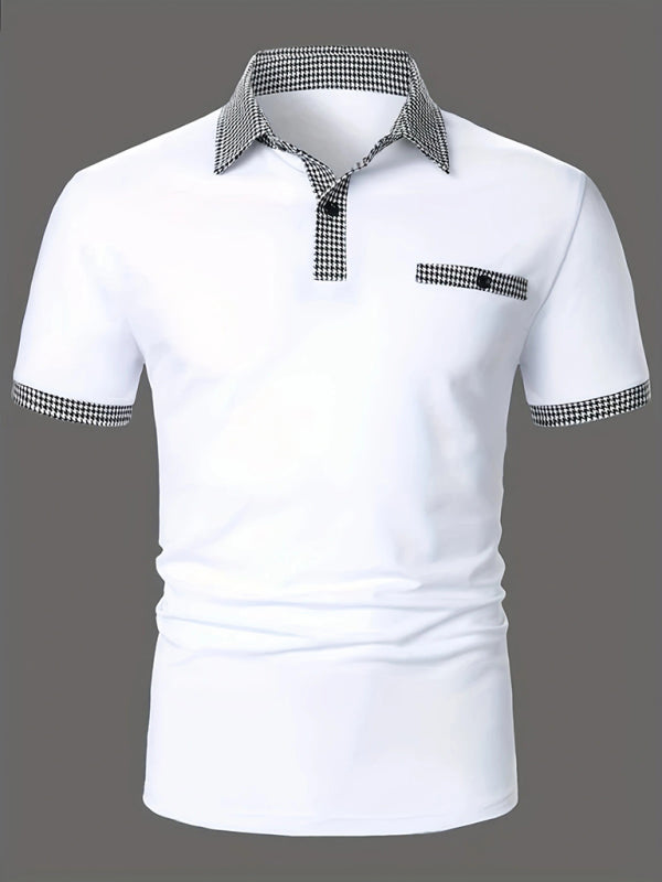 Men's Polo Shirt Houndstooth Short Sleeve Lapel T-Shirt Casual Fit Tops