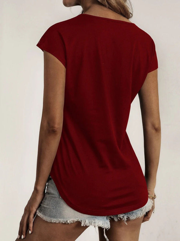 Women's Knitted Round Neck Half Zipper Stitching Lace Short Sleeve T-Shirt