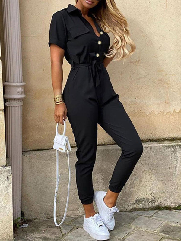 Women's Casual Lapel Buttoned Belt Cargo Jumpsuit - Healthier Me Beauty, LLC