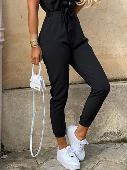 Women's Casual Lapel Buttoned Belt Cargo Jumpsuit - Healthier Me Beauty, LLC
