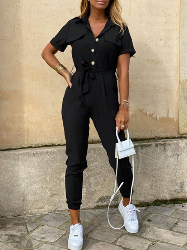 Women's Casual Lapel Buttoned Belt Cargo Jumpsuit - Healthier Me Beauty, LLC