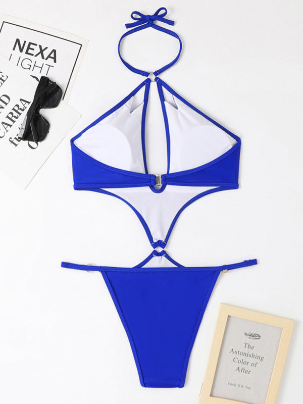 Women's Solid Color Cut-out Pearl Chain Halter One-piece Bikini Swimwear Sets - Healthier Me Beauty, LLC