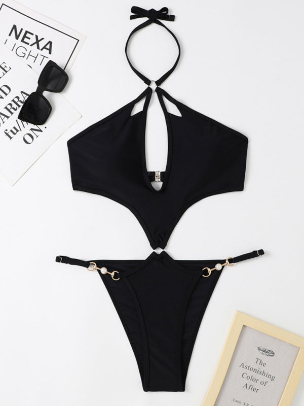 Women's Solid Color Cut-out Pearl Chain Halter One-piece Bikini Swimwear Sets - Healthier Me Beauty, LLC