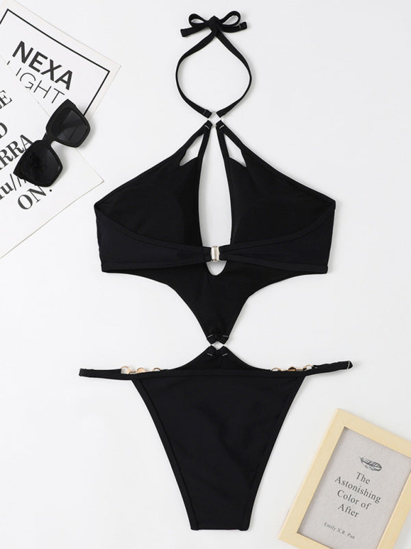Women's Solid Color Cut-out Pearl Chain Halter One-piece Bikini Swimwear Sets - Healthier Me Beauty, LLC